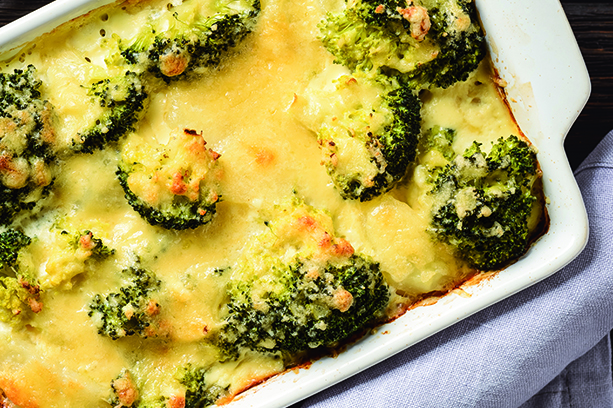 Casserole with broccoli, potatoes, eggs and cheese.