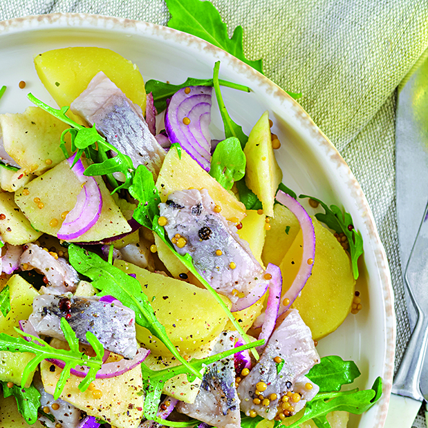 Traditional  salad of salted herring fillet, fresh apples,  red