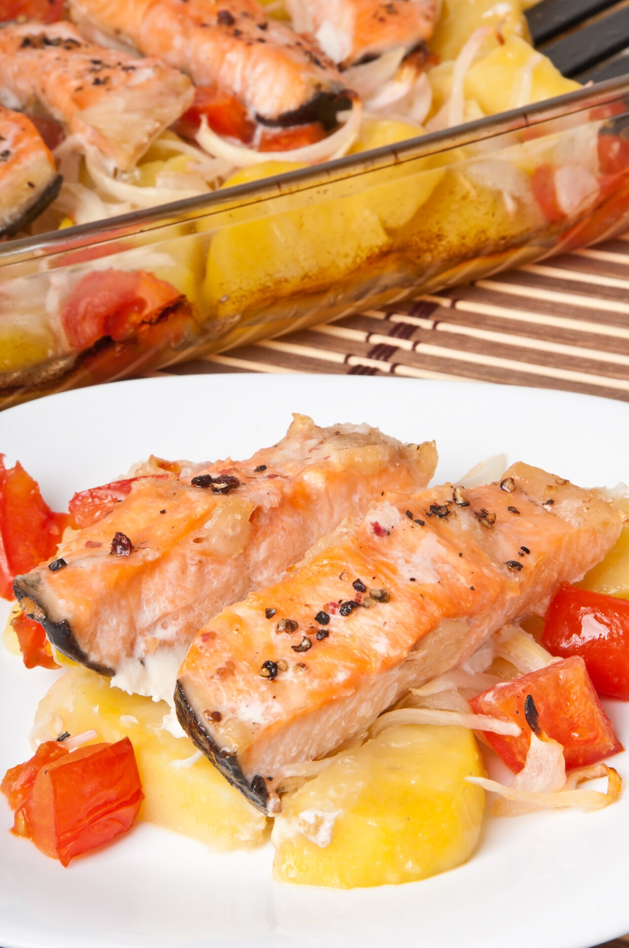 Pieces of salmon with potatoes, tomatoes and onions baked in the oven